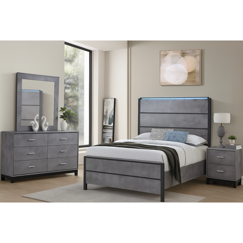 Modern Gray 5-Piece Bedroom Set with LED Headboard