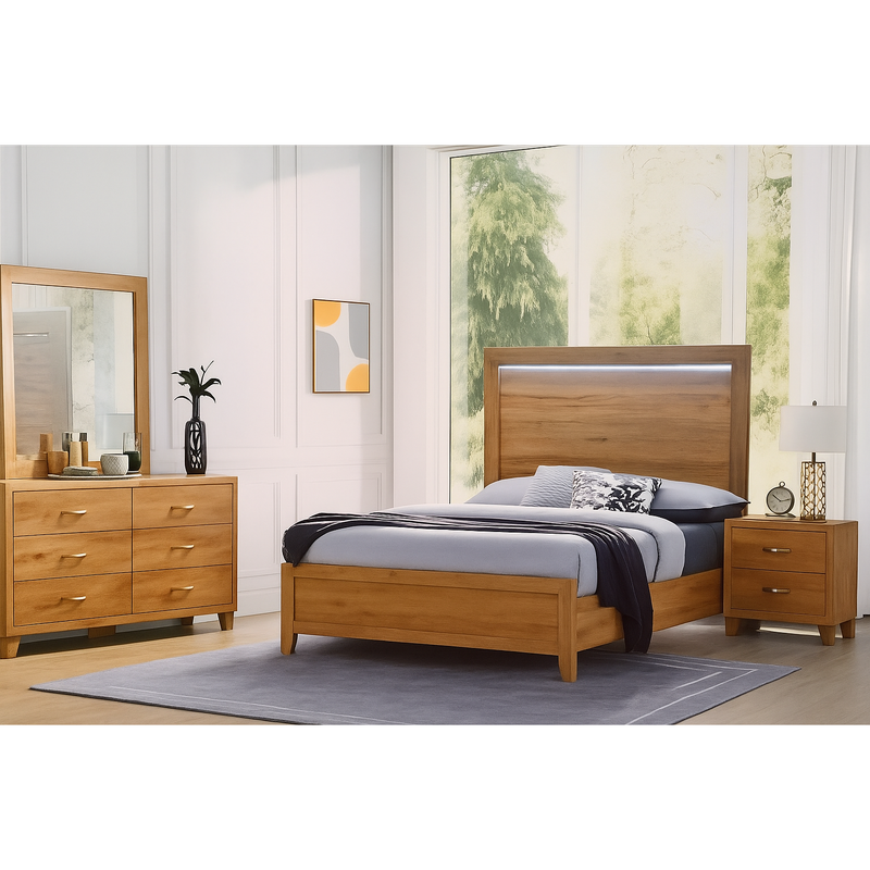 Modern Rustic Oak Bedroom Set with LED Headboard