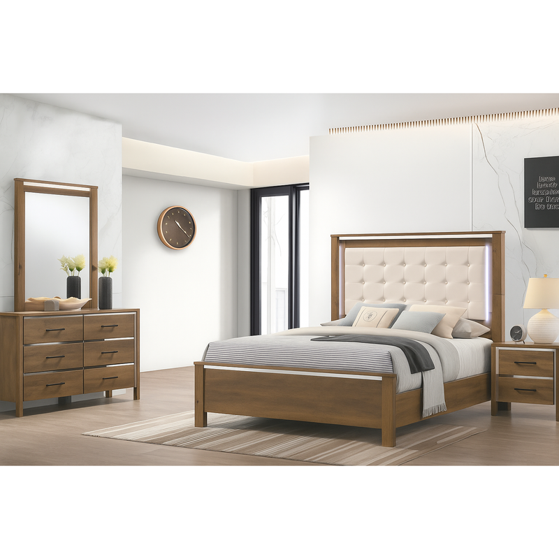 Contemporary Walnut Bedroom Set with LED Tufted Headboard - Full