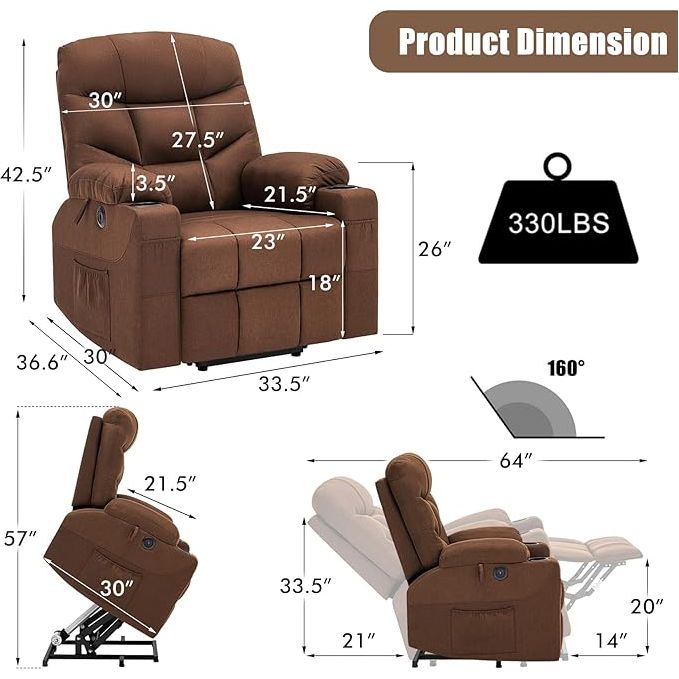 PureLife Power Lift Chair, Lift Recliner for Elderly, Fabric Massage Recliner Chair USB Charge Port for Living Room (Dark Brown)