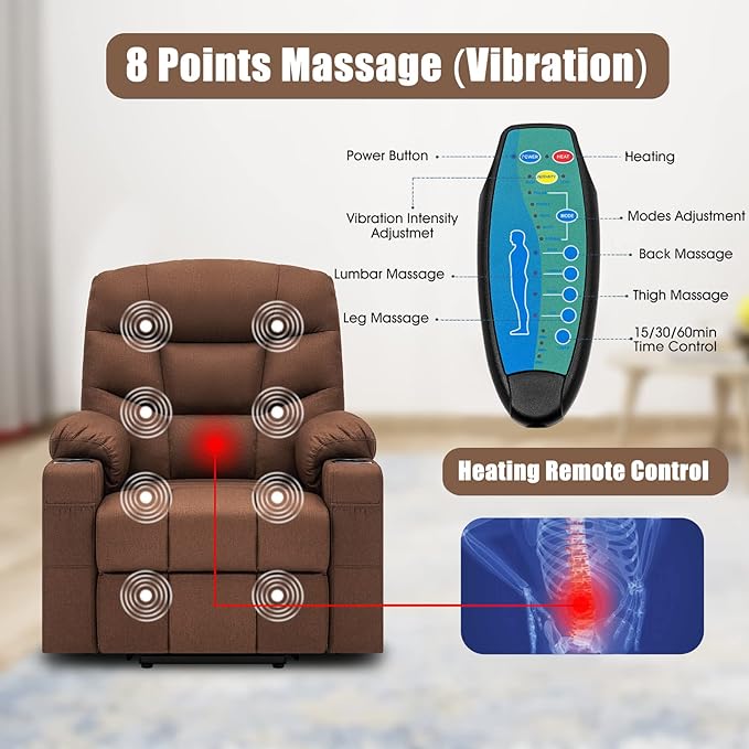 PureLife Power Lift Chair, Lift Recliner for Elderly, Fabric Massage Recliner Chair USB Charge Port for Living Room (Dark Brown)