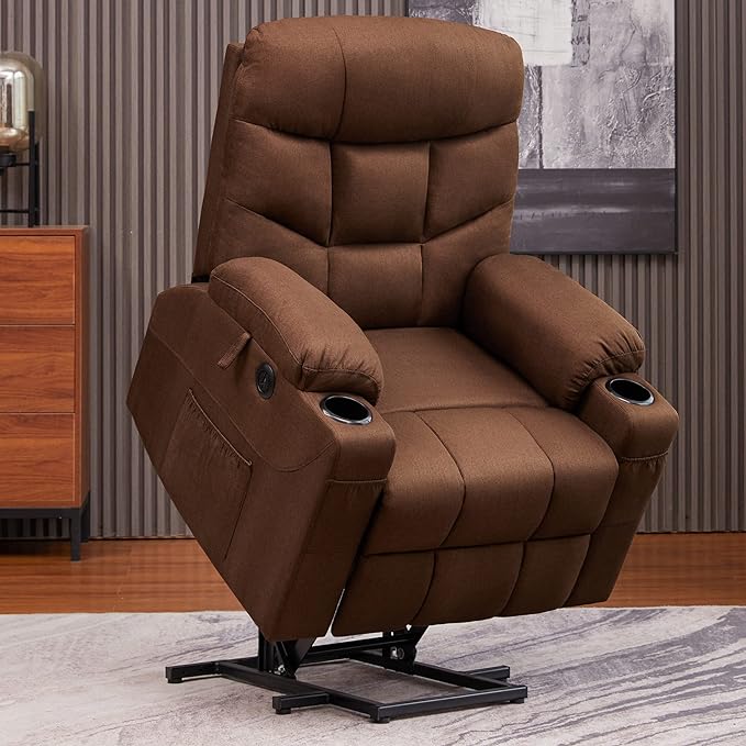 PureLife Power Lift Chair, Lift Recliner for Elderly, Fabric Massage Recliner Chair USB Charge Port for Living Room (Dark Brown)