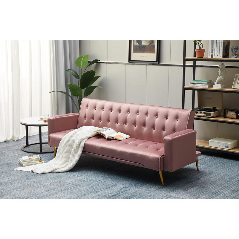 PureLife Modern Convertible Futon Sleeper with Mattress, Sturdy Metal Frame & Legs, Foldable Backrest Sofabed, Pink