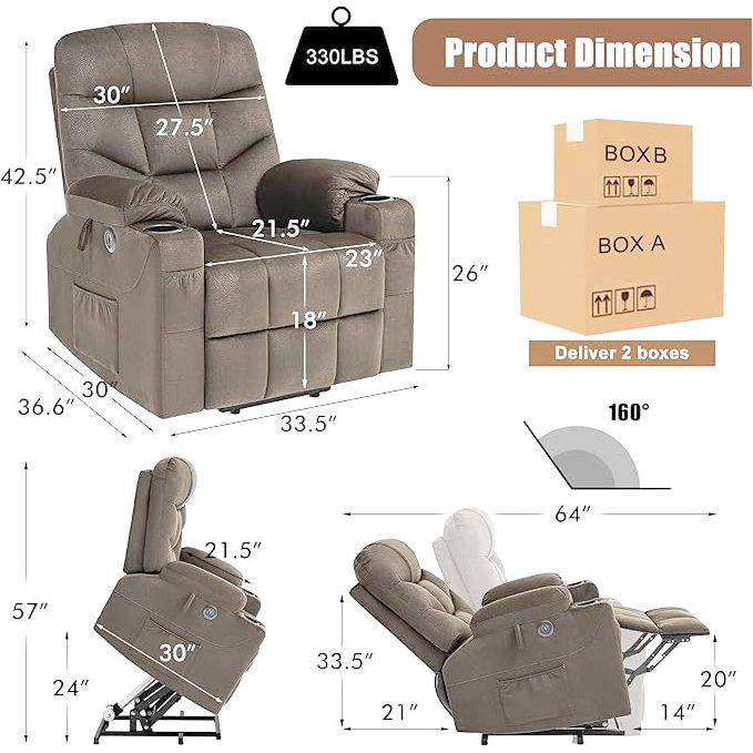 PureLife Power Lift Chair, Lift Recliner for Elderly, Fabric Massage Recliner Chair USB Charge Port for Living Room (Taupe)