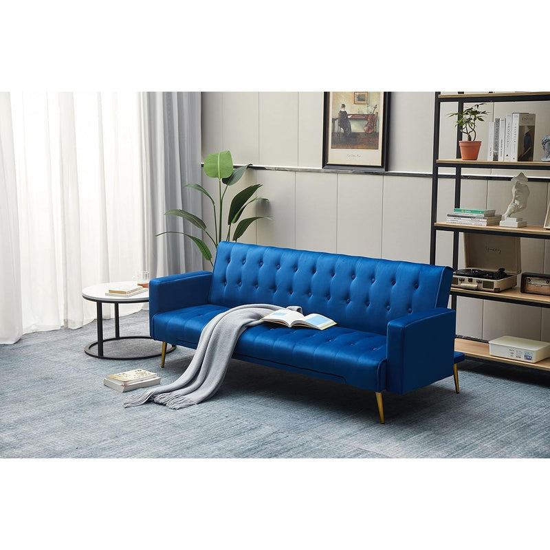 PureLife Modern Convertible Futon Sleeper with Mattress, Sturdy Metal Frame & Legs, Foldable Backrest Sofabed, Dark Blue