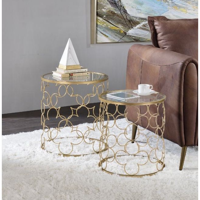 2-Piece Gold Metal Nesting Table Set with Glass Tops – Elegant & Modern Accent Tables