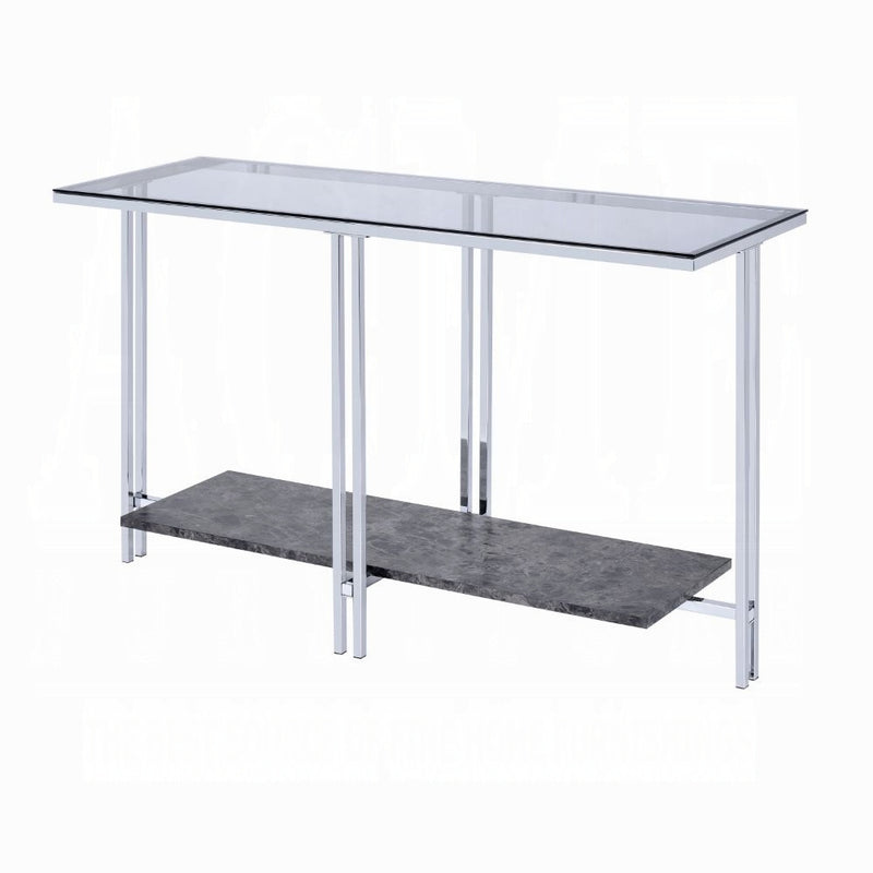 Modern Glass & Chrome Console Table with Faux Marble Shelf