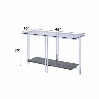 Modern Glass & Chrome Console Table with Faux Marble Shelf
