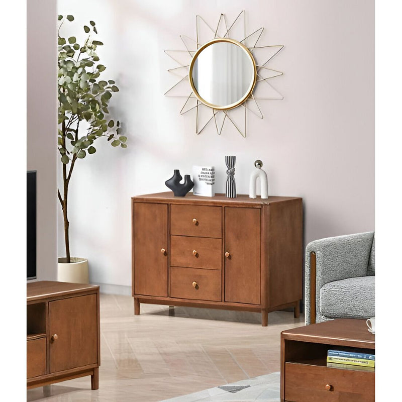 Mid-Century Modern 100% Solid Wood Buffet Cabinet – 2 Doors & 3 Drawers Storage Sideboard