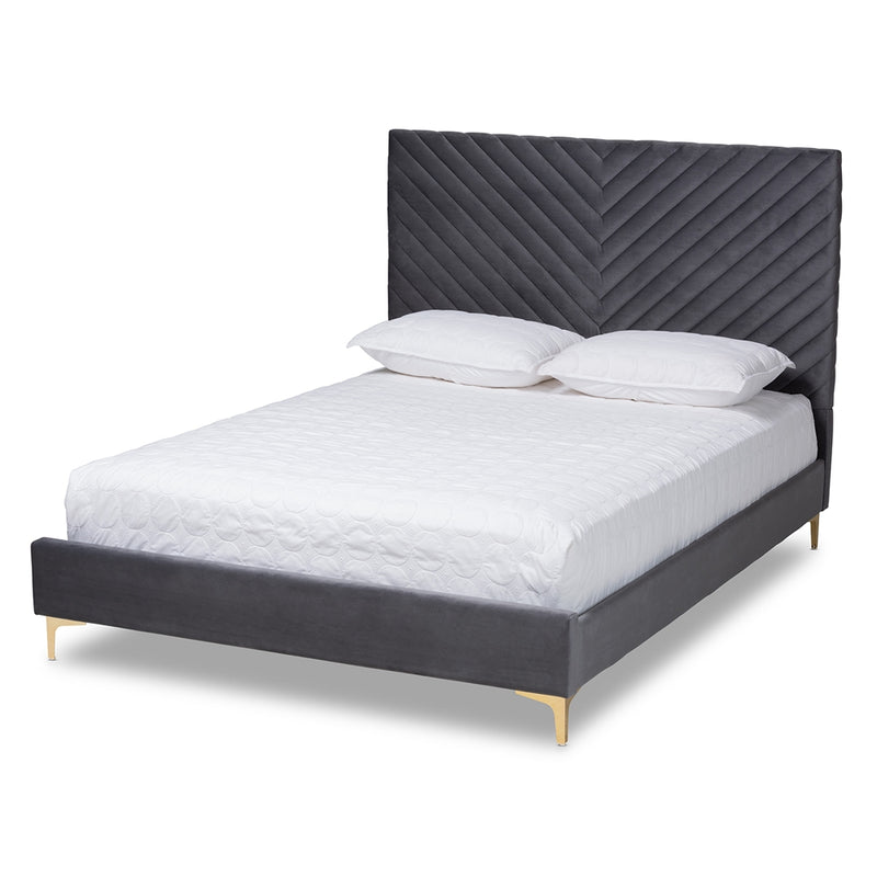 Modern Velvet Platform Bed with Chevron Headboard