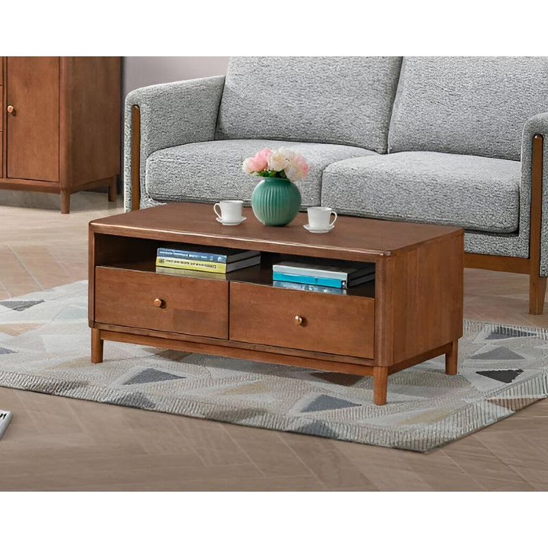 Mid-Century Modern 100% Solid Wood Coffee Table – 2 Drawers & Open Storage Shelf
