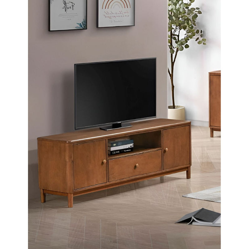 Mid-Century Modern 100% Solid Wood TV Stand – 2 Cabinets, Drawer & Open Shelf