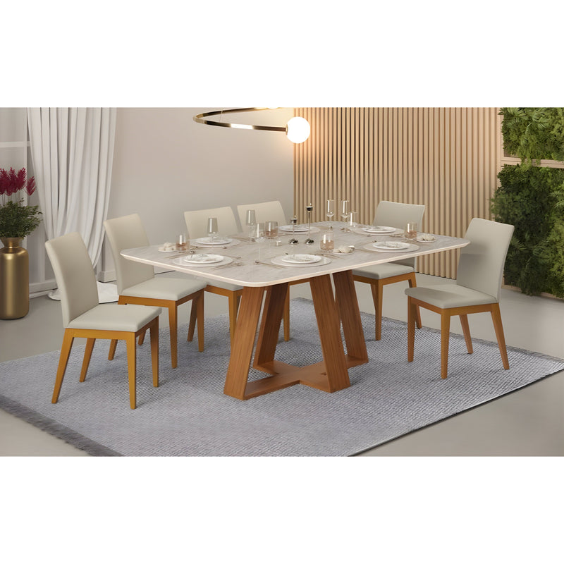 Aurora 7 - Piece Modern Dining Set — Marble-Look Table & 6 Slate Chairs Beige