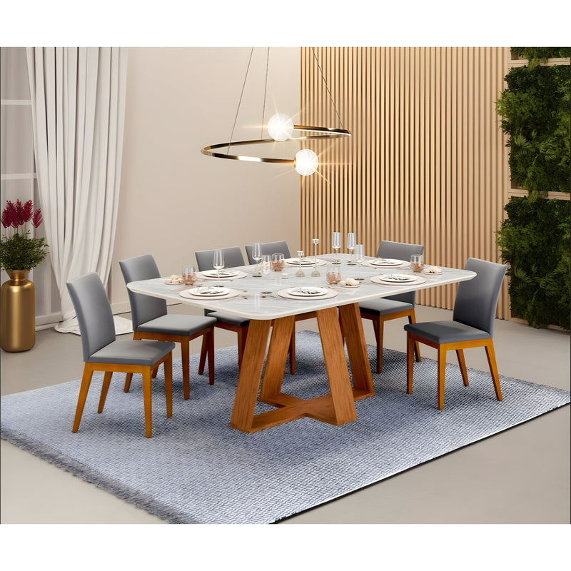 Aurora 7 - Piece Modern Dining Set — Marble-Look Table & 6 Slate Chairs Gray