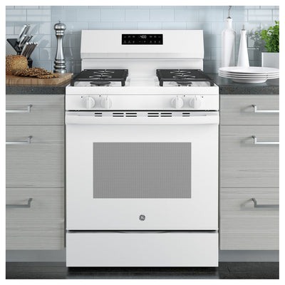 30” White Gas Range with Built-In WiFi, 4 Sealed Burners & 5.3 cu. ft. Oven – Self-Clean & Storage Drawer | GE Appliances