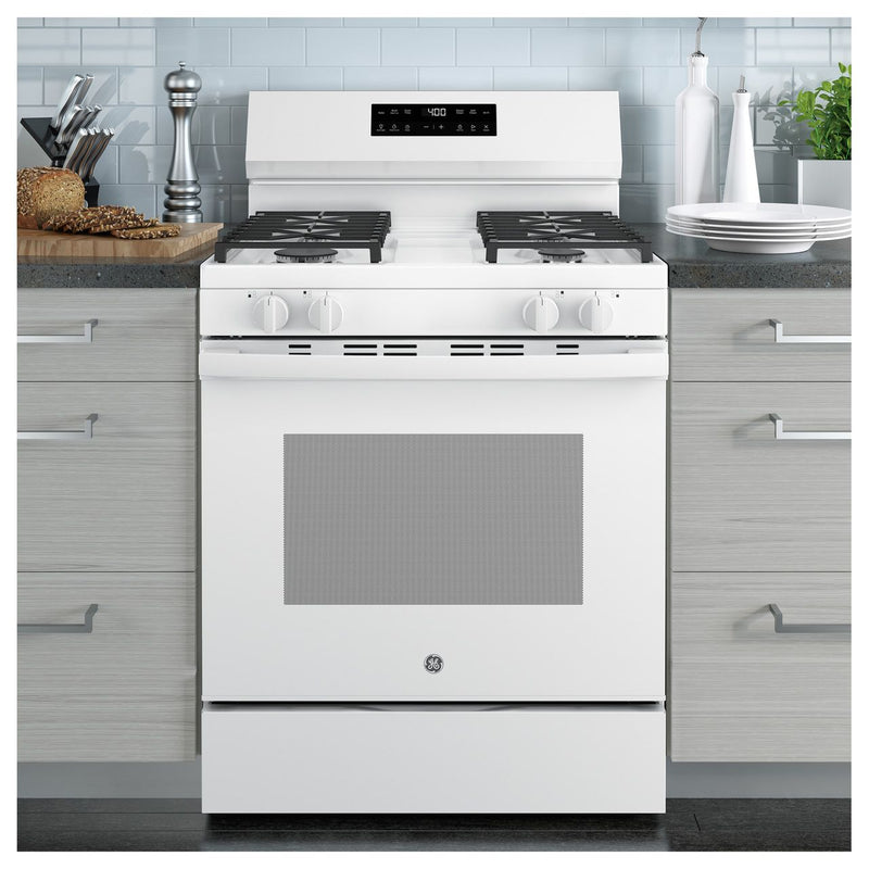 30” White Gas Range with Built-In WiFi, 4 Sealed Burners & 5.3 cu. ft. Oven – Self-Clean & Storage Drawer | GE Appliances