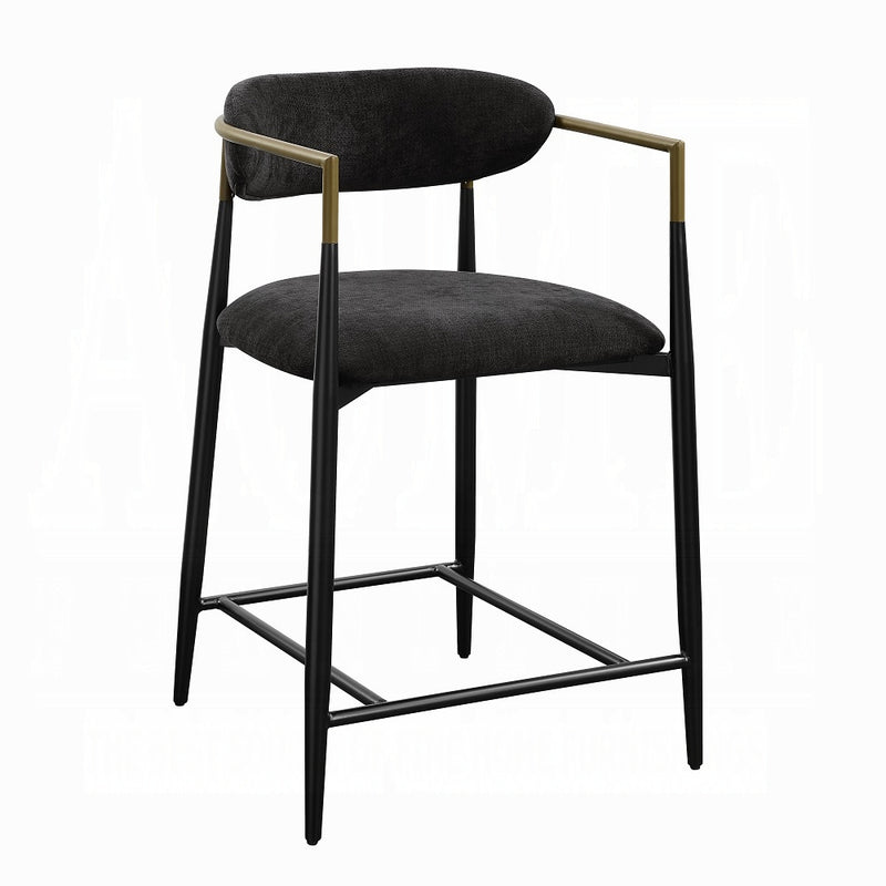 Modern Black Linen Counter Stool with Black Metal Frame and Brass Accents