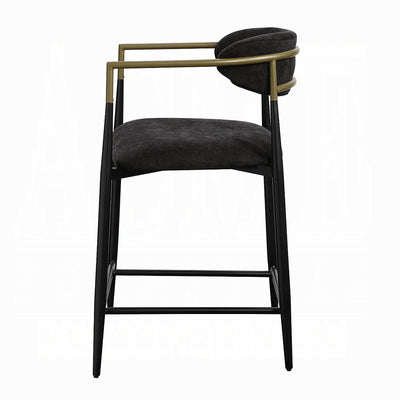 Modern Black Linen Counter Stool with Black Metal Frame and Brass Accents