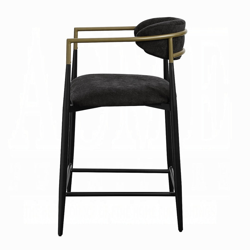 Modern Black Linen Counter Stool with Black Metal Frame and Brass Accents