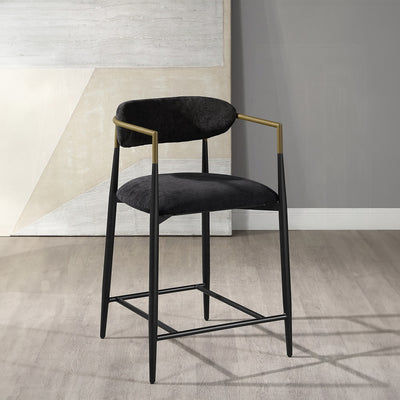 Modern Black Linen Counter Stool with Black Metal Frame and Brass Accents