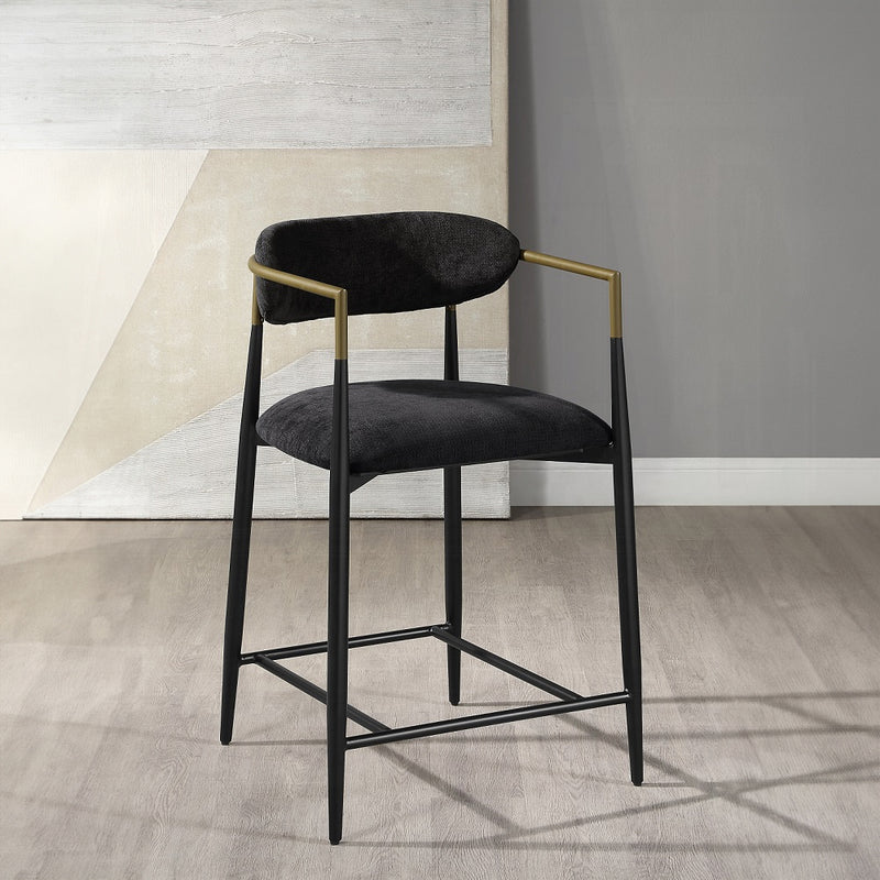 Modern Black Linen Counter Stool with Black Metal Frame and Brass Accents