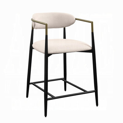 Modern Beige Linen Counter Stool with Black Metal Frame and Brass Accents