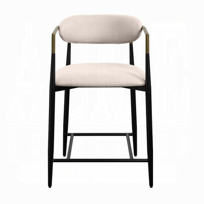 Modern Beige Linen Counter Stool with Black Metal Frame and Brass Accents