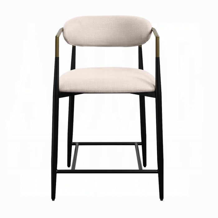 Modern Beige Linen Counter Stool with Black Metal Frame and Brass Accents