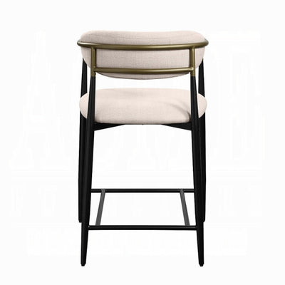 Modern Beige Linen Counter Stool with Black Metal Frame and Brass Accents
