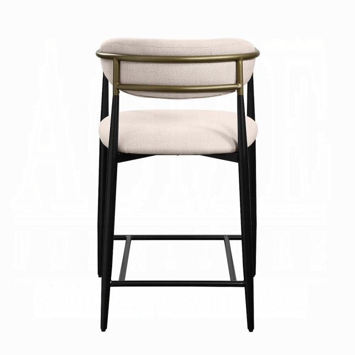 Modern Beige Linen Counter Stool with Black Metal Frame and Brass Accents