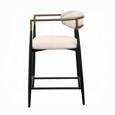 Modern Beige Linen Counter Stool with Black Metal Frame and Brass Accents