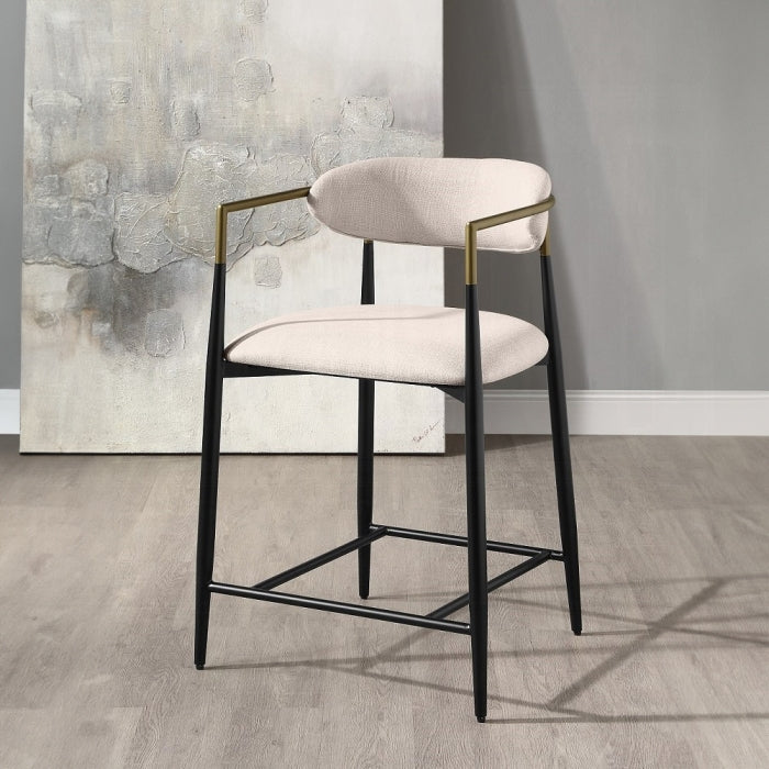 Modern Beige Linen Counter Stool with Black Metal Frame and Brass Accents