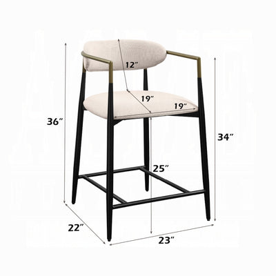 Modern Beige Linen Counter Stool with Black Metal Frame and Brass Accents