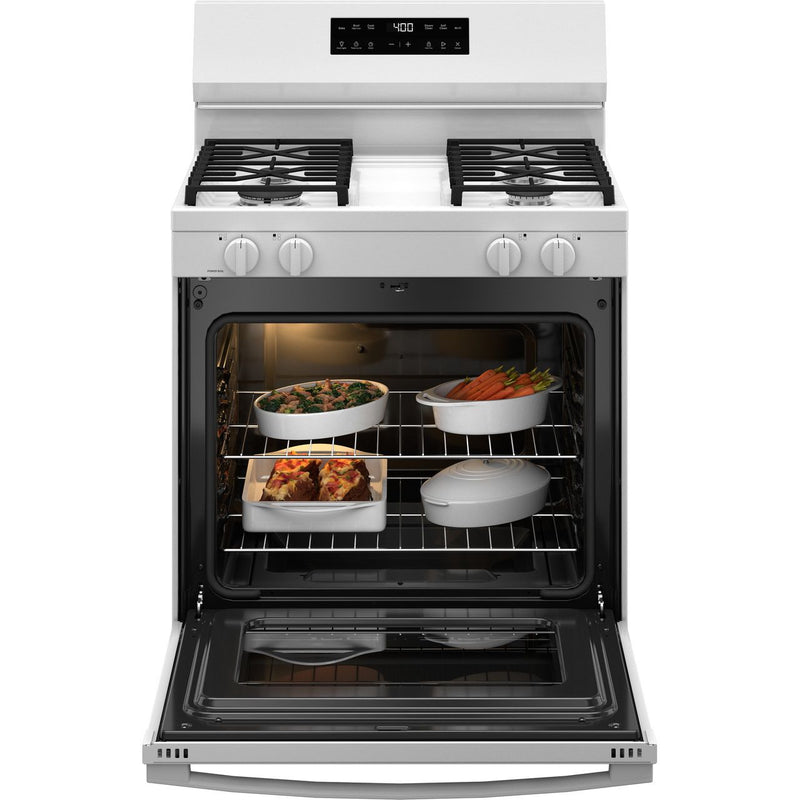 30” White Gas Range with Built-In WiFi, 4 Sealed Burners & 5.3 cu. ft. Oven – Self-Clean & Storage Drawer | GE Appliances
