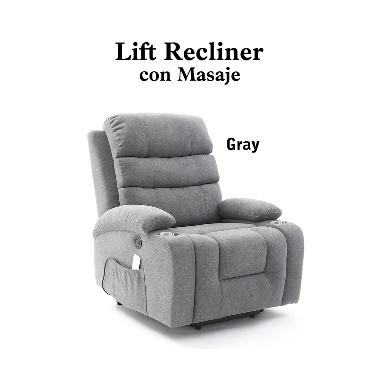 Gray Fabric Lift Recliner with Massage Function