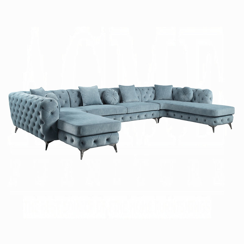 Elegant Dusty Blue Tufted Sectional Sofa with Chaise