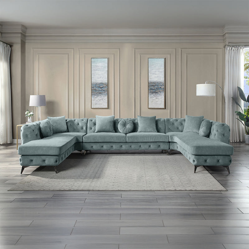Elegant Dusty Blue Tufted Sectional Sofa with Chaise
