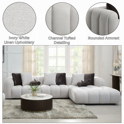 Modern Ivory White Linen Sectional Sofa with Chaise