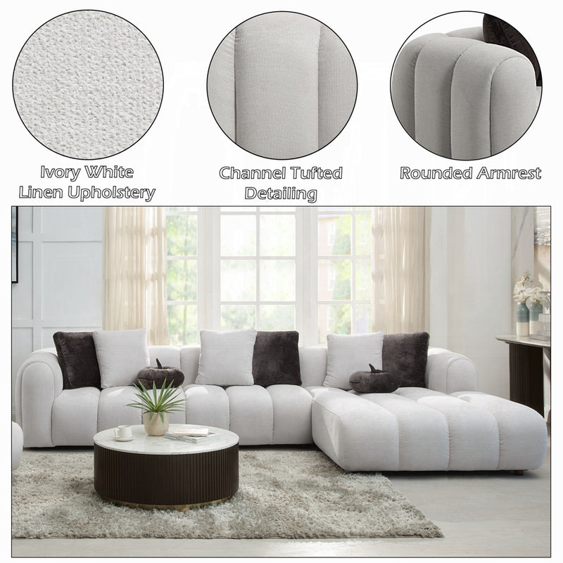Modern Ivory White Linen Sectional Sofa with Chaise