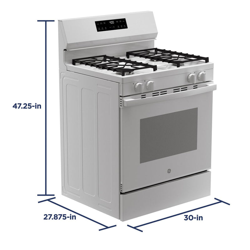 30” White Gas Range with Built-In WiFi, 4 Sealed Burners & 5.3 cu. ft. Oven – Self-Clean & Storage Drawer | GE Appliances