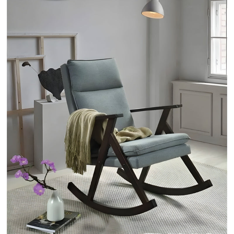 Modern Upholstered Rocking Chair – Soft Gray with Dark Wood Base