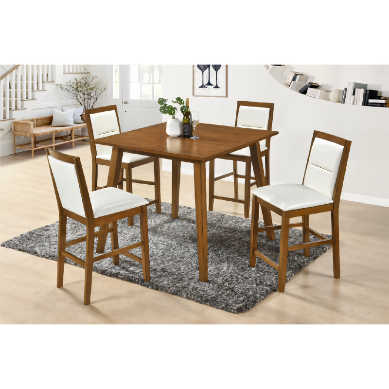 5-Piece Counter Height Dining Set – Warm Walnut Finish with White Cushioned Seats