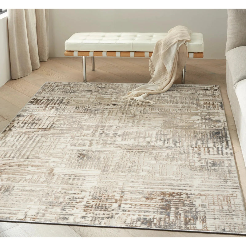 Calvin Klein Enchanting ECH05 Cream Grey Synthetic Fibers Modern Area Rug - 5 Ft x 7 Ft