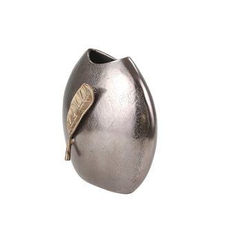Aluminum 14'' Round Vase With Gold Leaf, Bronze - Casa Muebles