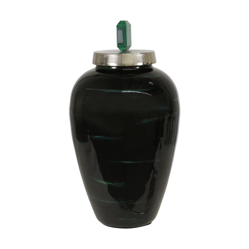 METAL 27"H JAR W/ GREEN LID, OPAL