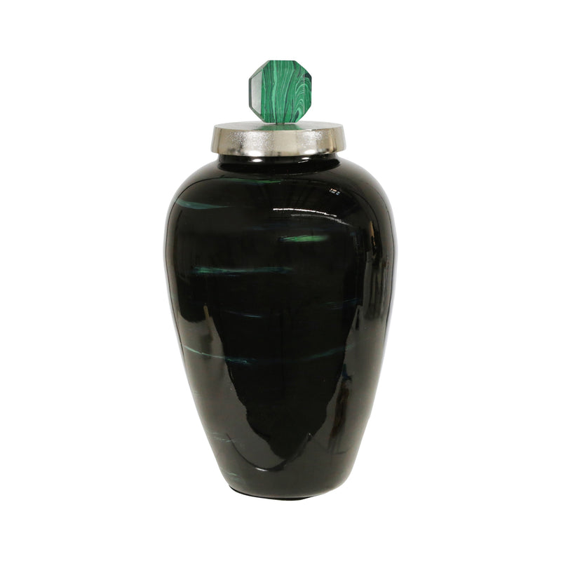 METAL 27"H JAR W/ GREEN LID, OPAL