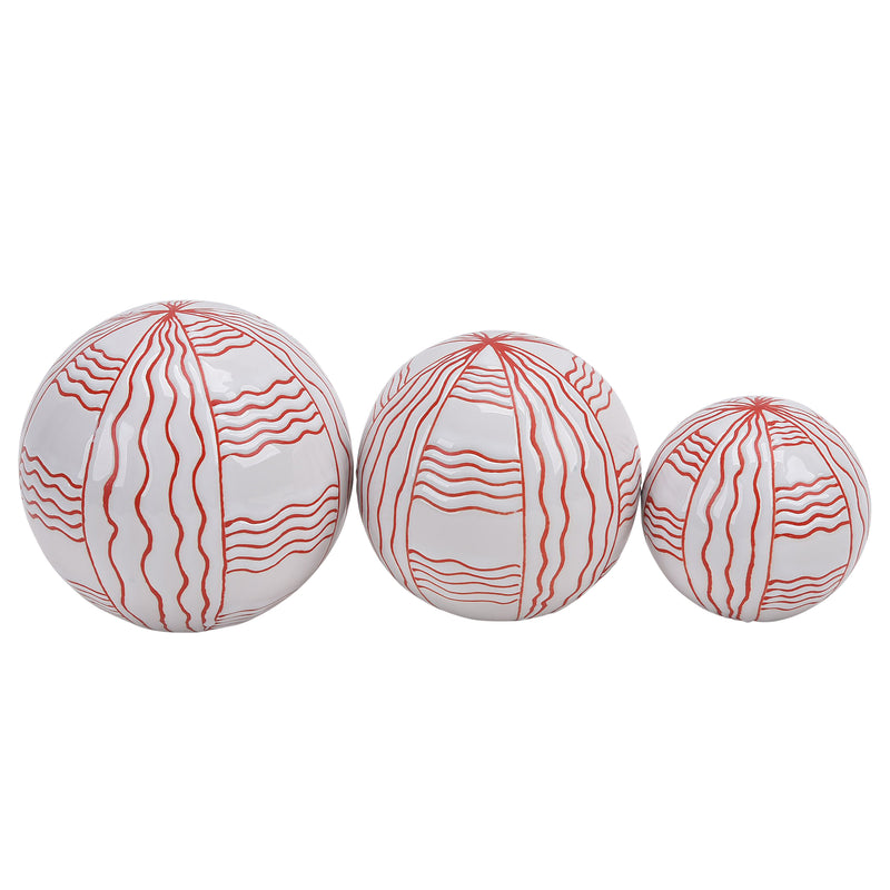CER, Set de 3 CURVY LINE PAINTED ORBS, 4/5/6" WHT/RED