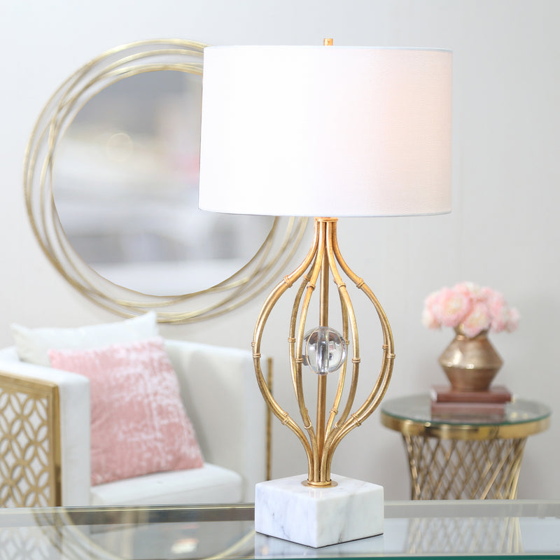 METAL 31" CAGE TABLE LAMP W/ CRYSTAL ORB, GOLD/WHI