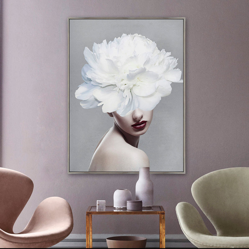 24X32 FLOWER LADY FRAMED CANVAS, WHITE