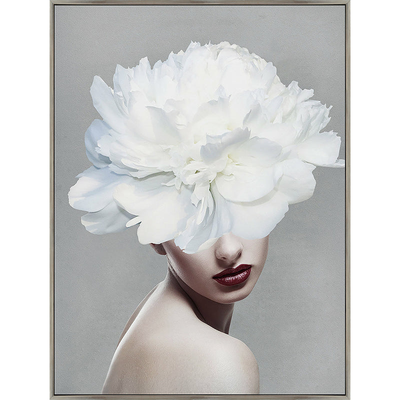 24X32 FLOWER LADY FRAMED CANVAS, WHITE